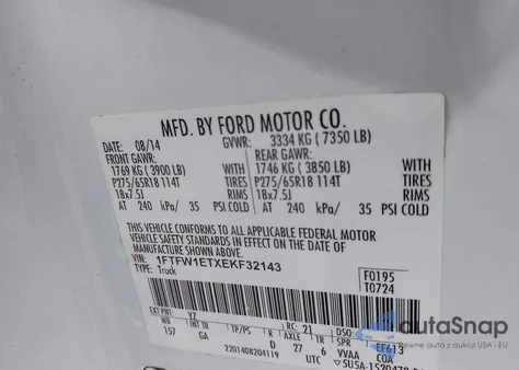 2014 Ford F-150 Xlt из США, поврежденный, VIN 1FTFW1ETXEKF32143